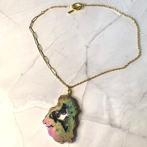 Asymmetric Chain Multicolored Geode Druzy Crystal Pendant Necklace Paperclip